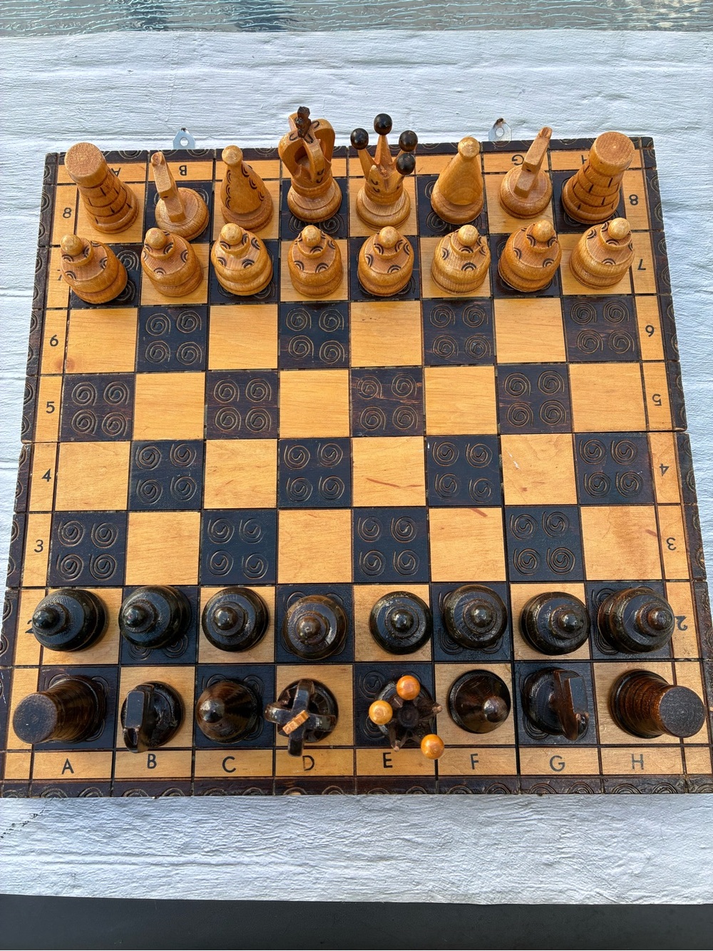 Vintage Polish Folk Art Pyrography Wooden Chess Set Rustic & Traditional